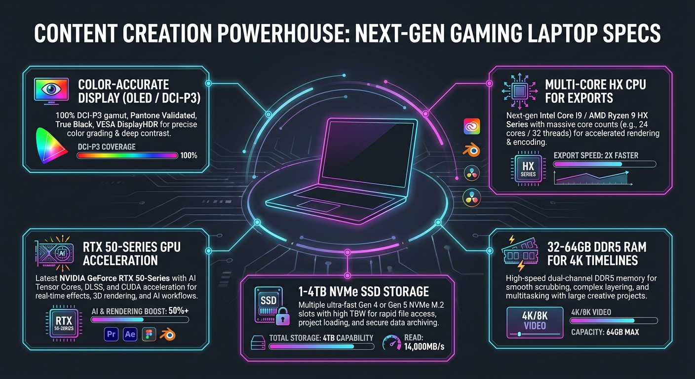 Infographic highlighting color-accurate display, CPU export power, RAM, storage, and GPU acceleration for video editing laptops