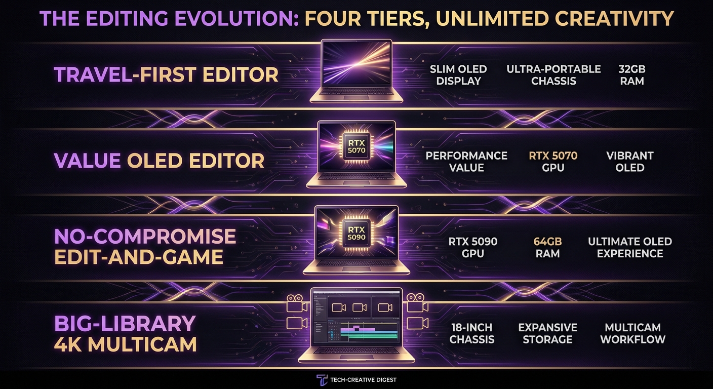 Tier guide for travel-first, value OLED, flagship edit-and-game, and big-library video editing laptop buyers