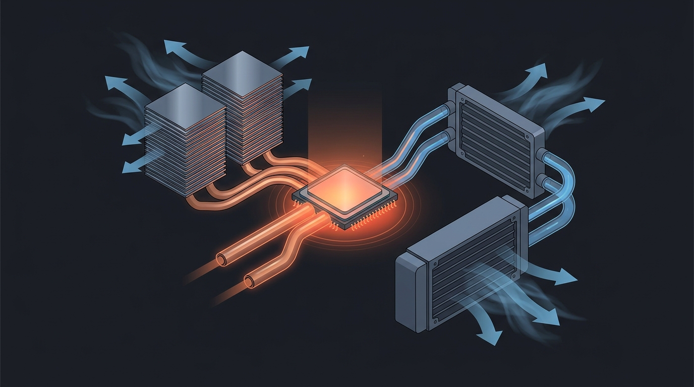 Conceptual illustration of heat flowing from a CPU through heatpipes and liquid loops