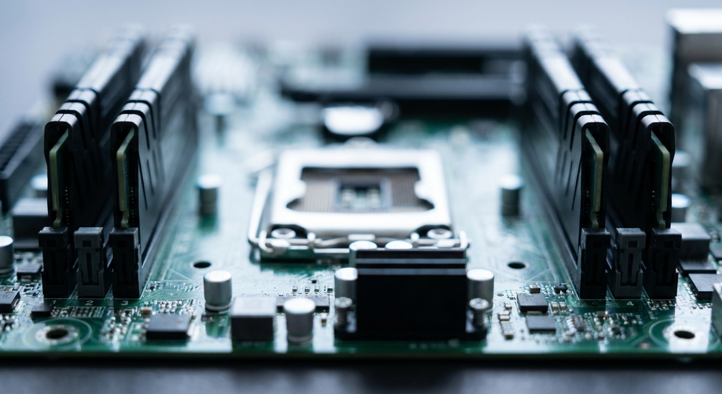A motherboard with four memory slots, two populated and two empty