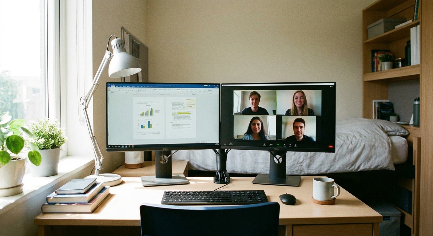 A laptop connected to a larger external monitor showing documents side by side