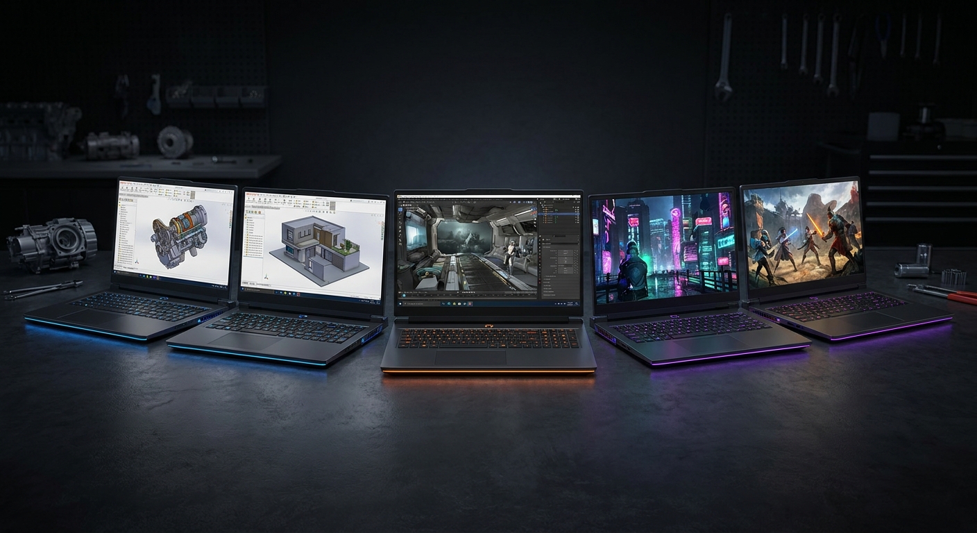 Six workstation-class gaming laptops in a lineup from portable 16-inch to 18-inch CAD and rendering powerhouses
