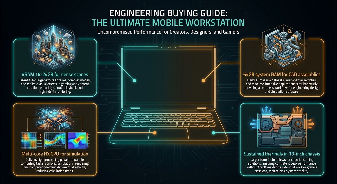 Infographic highlighting VRAM, 64GB RAM, CPU cores, and sustained thermals for engineering and CAD laptops