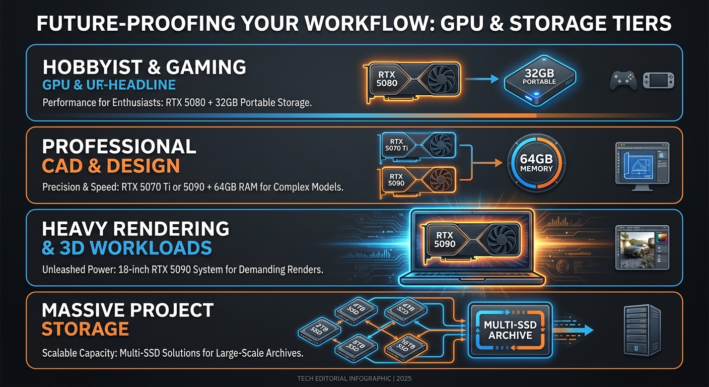 Tier guide for hobbyist 3D, professional CAD, heavy rendering, and massive project storage laptop buyers