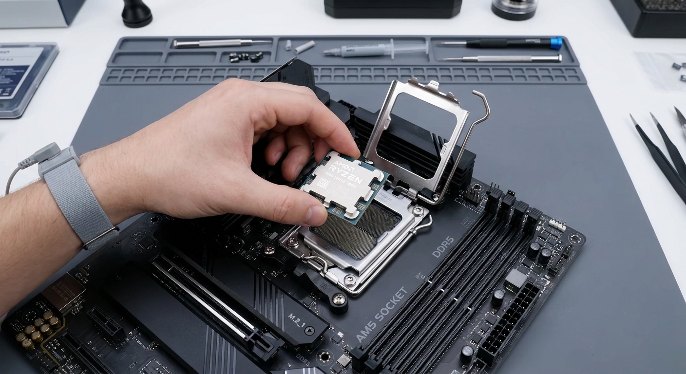 PC builder installing a CPU into an AM5 motherboard socket