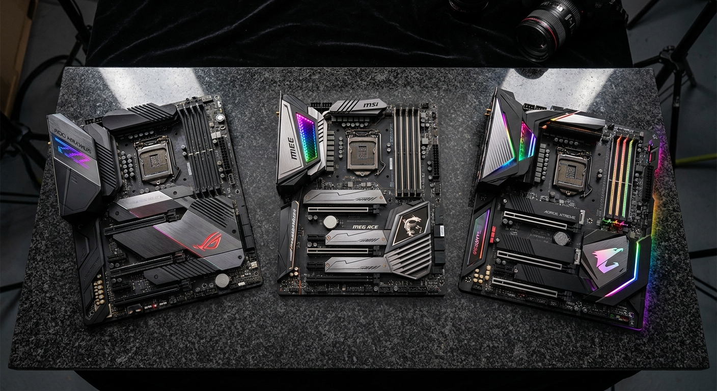 Collection of AM5 motherboards displayed on a surface showing different chipset tiers