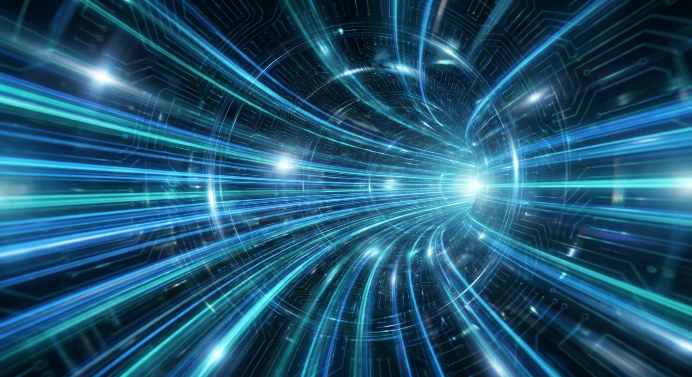 Abstract visualization of fast data transfer with glowing light streaks