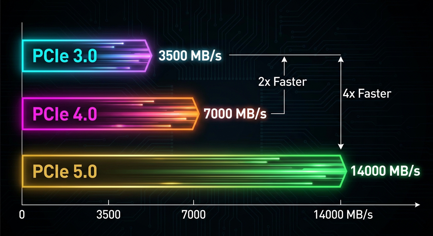 PCIe SSD generation speed comparison chart -- Gen 3 vs Gen 4 vs Gen 5