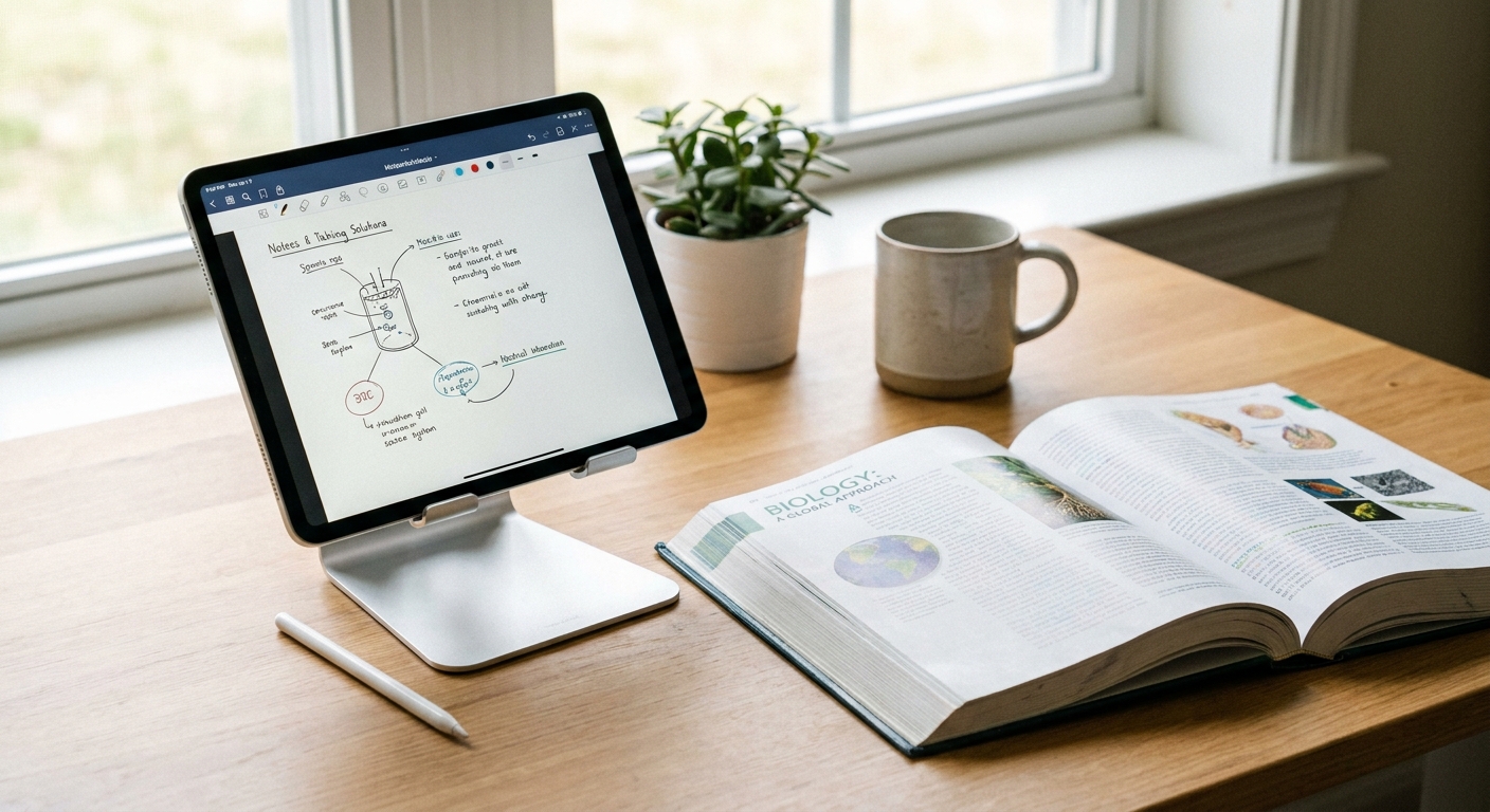 A tablet on a stand with a stylus and textbook