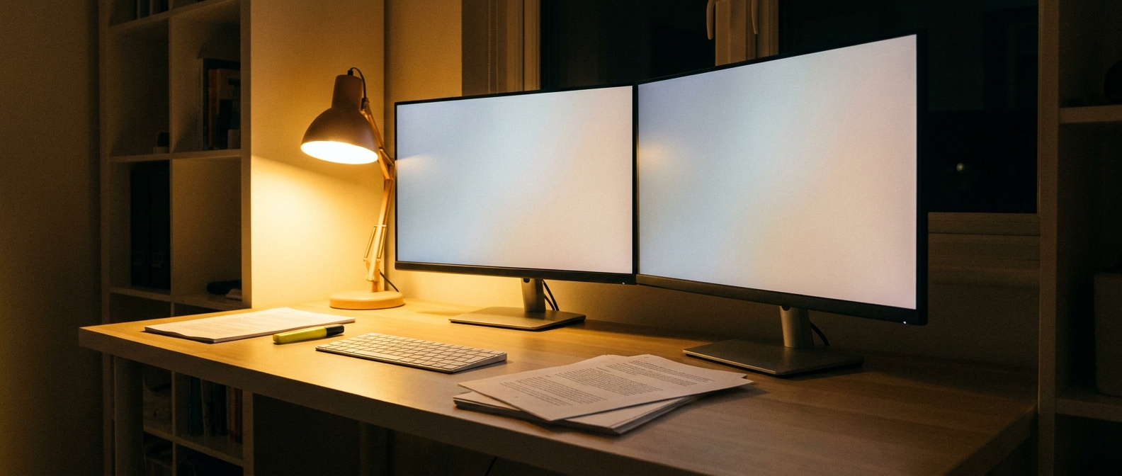 Two matching thin-bezel monitors side by side on a wooden study desk