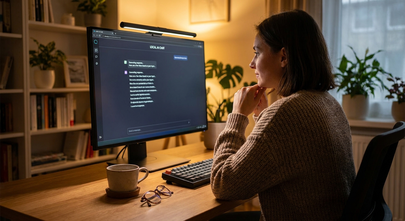 Person interacting with a local AI chatbot interface on their personal computer at home