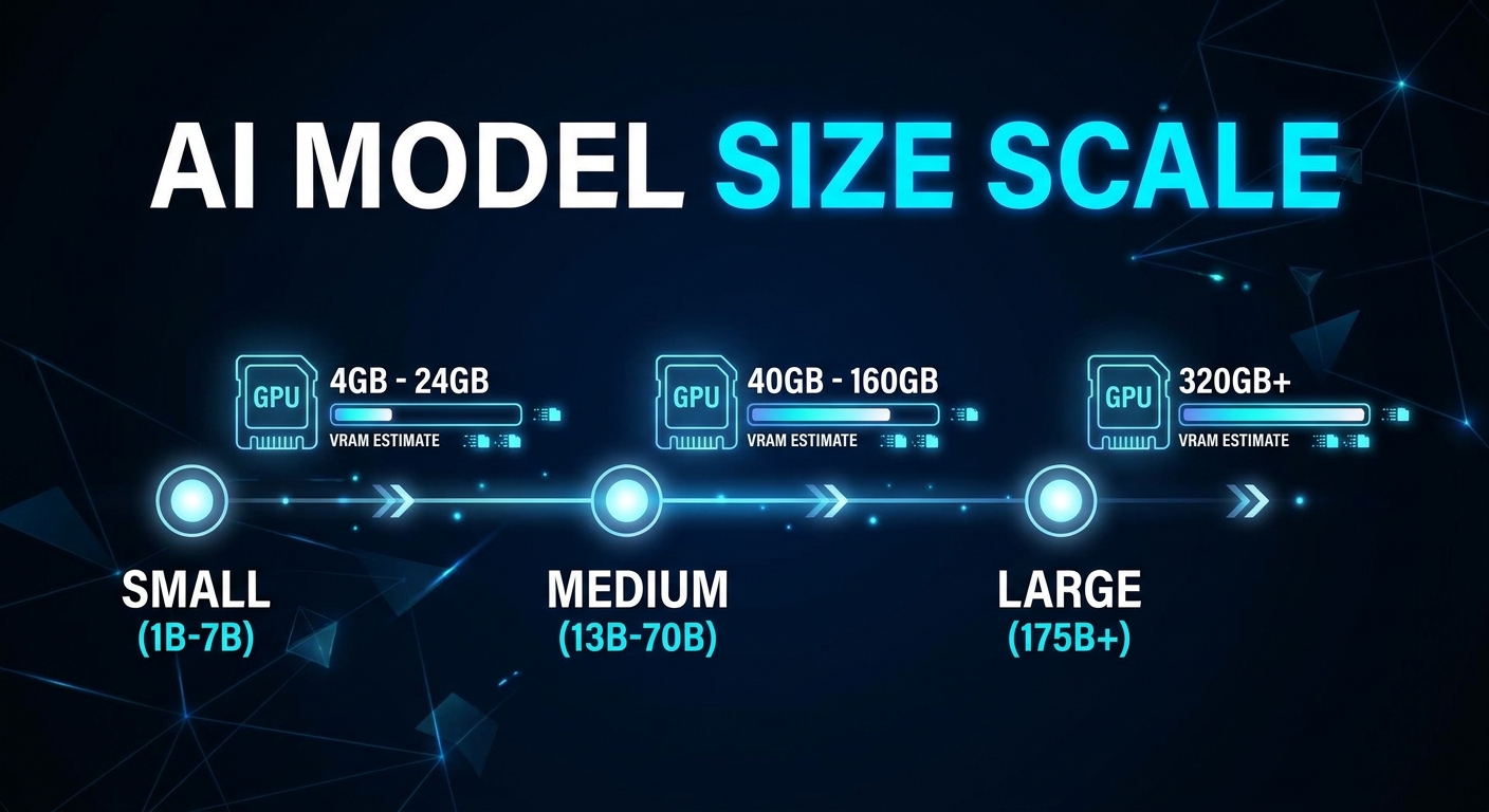 Comparison diagram showing VRAM requirements for different AI model sizes