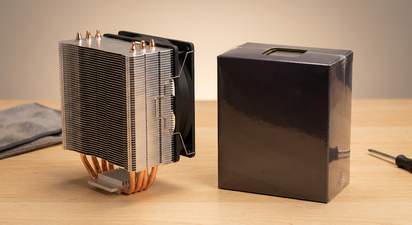 A CPU air cooler and processor packaged together on a workbench