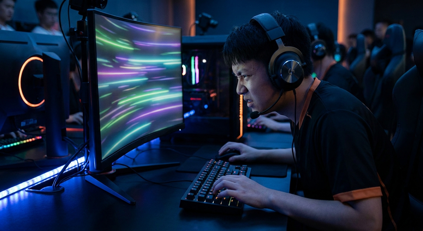 Competitive gamer focused during a high-stakes match