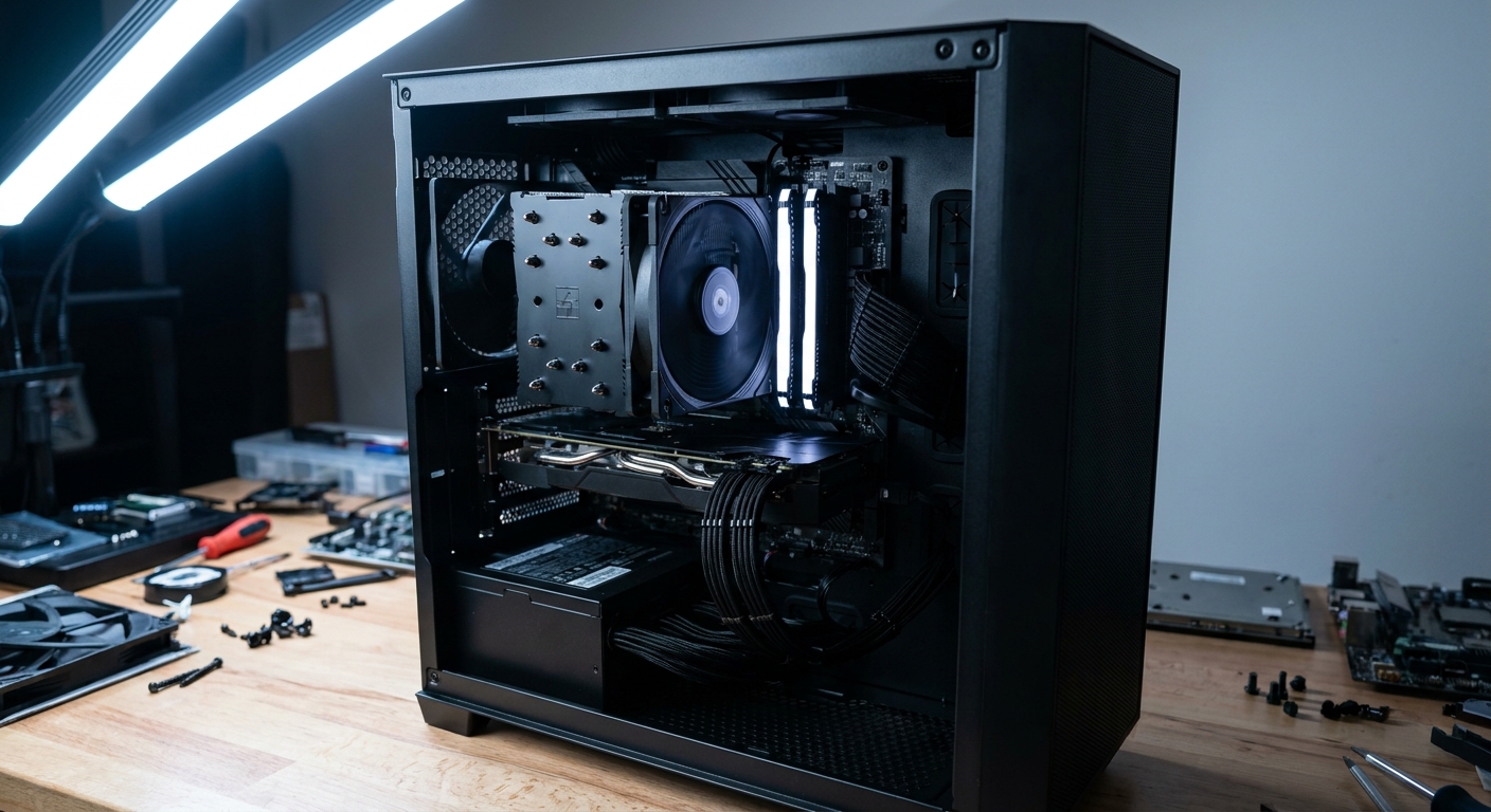 Interior of an open mid-tower gaming PC with a tall air cooler and DDR5 memory