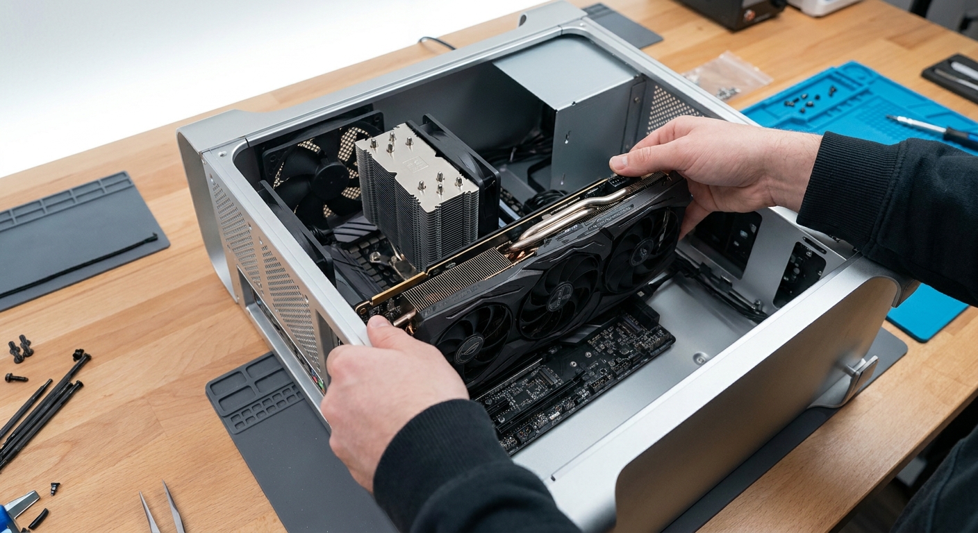 Hands seating a triple-fan graphics card into a motherboard PCIe slot