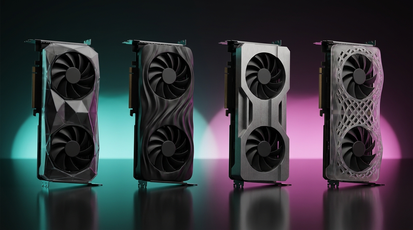 Conceptual lineup of four modern graphics cards on a dark reflective surface