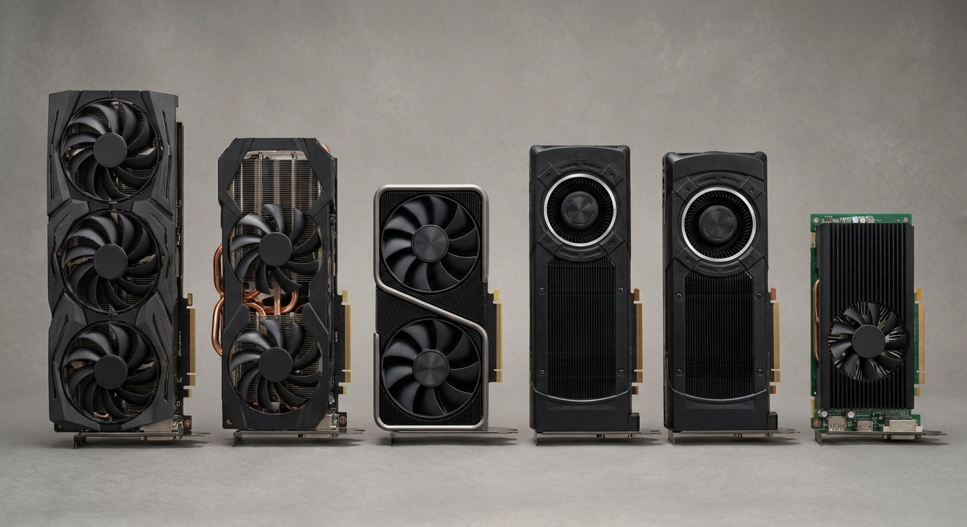 A lineup of graphics cards of different sizes on a workbench
