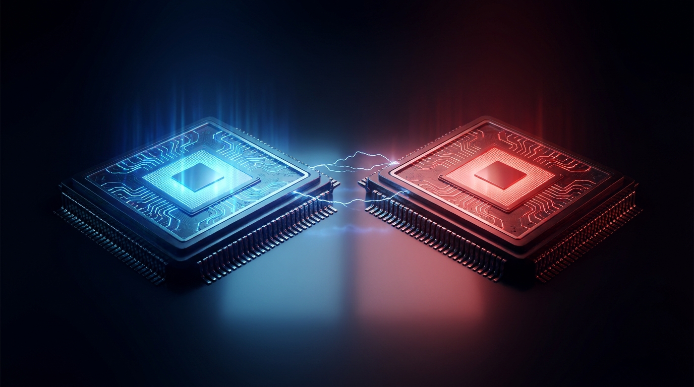 Conceptual illustration of two processor chips facing off with blue and red energy