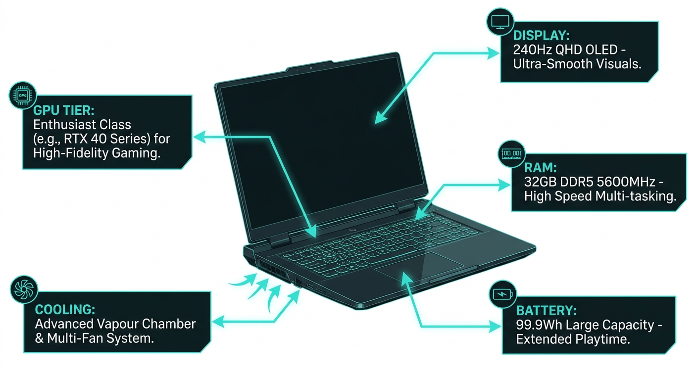 Gaming laptop key specifications diagram -- GPU, display, RAM, cooling, battery