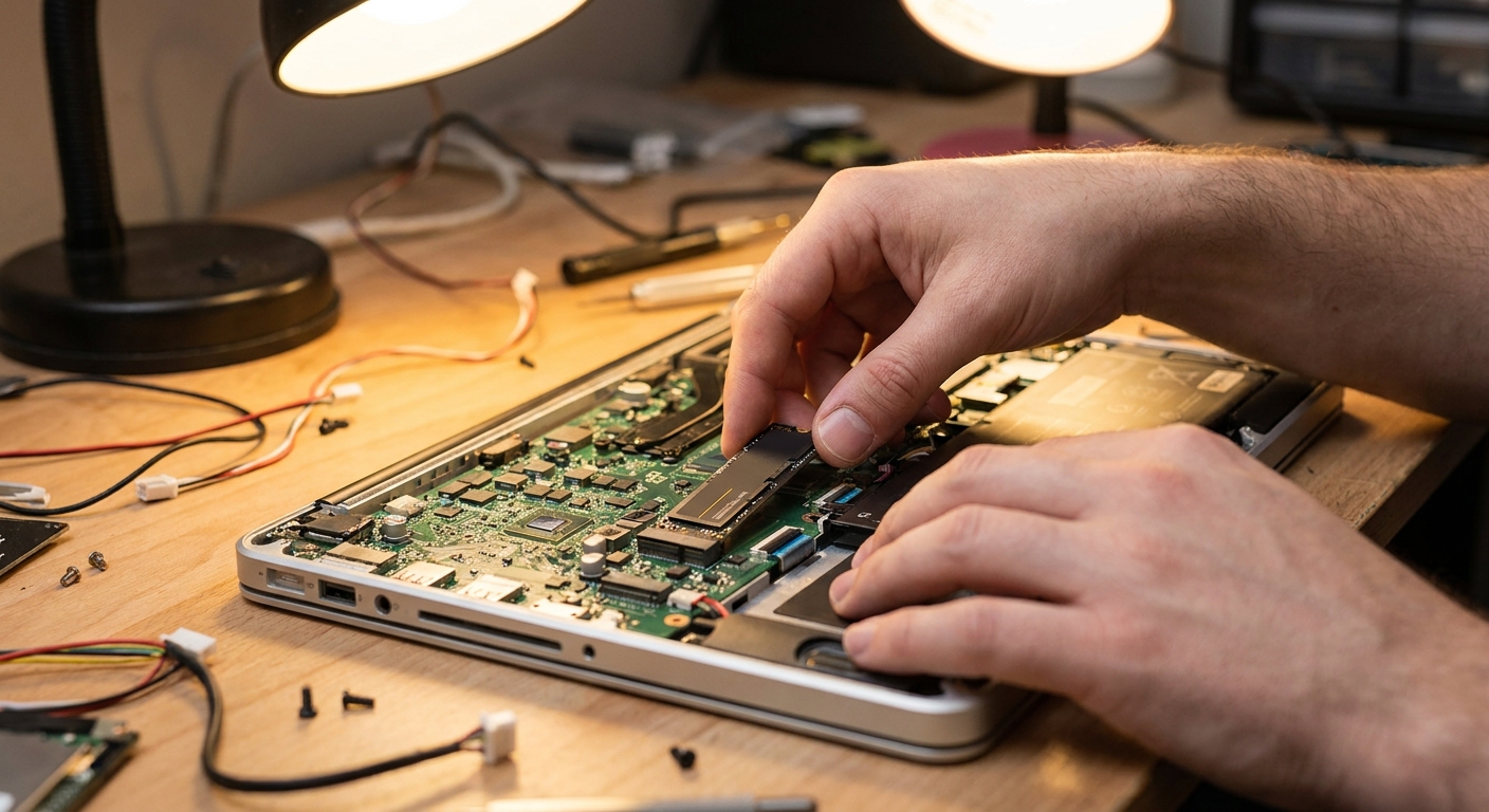 Hands installing an M.2 SSD into a laptop