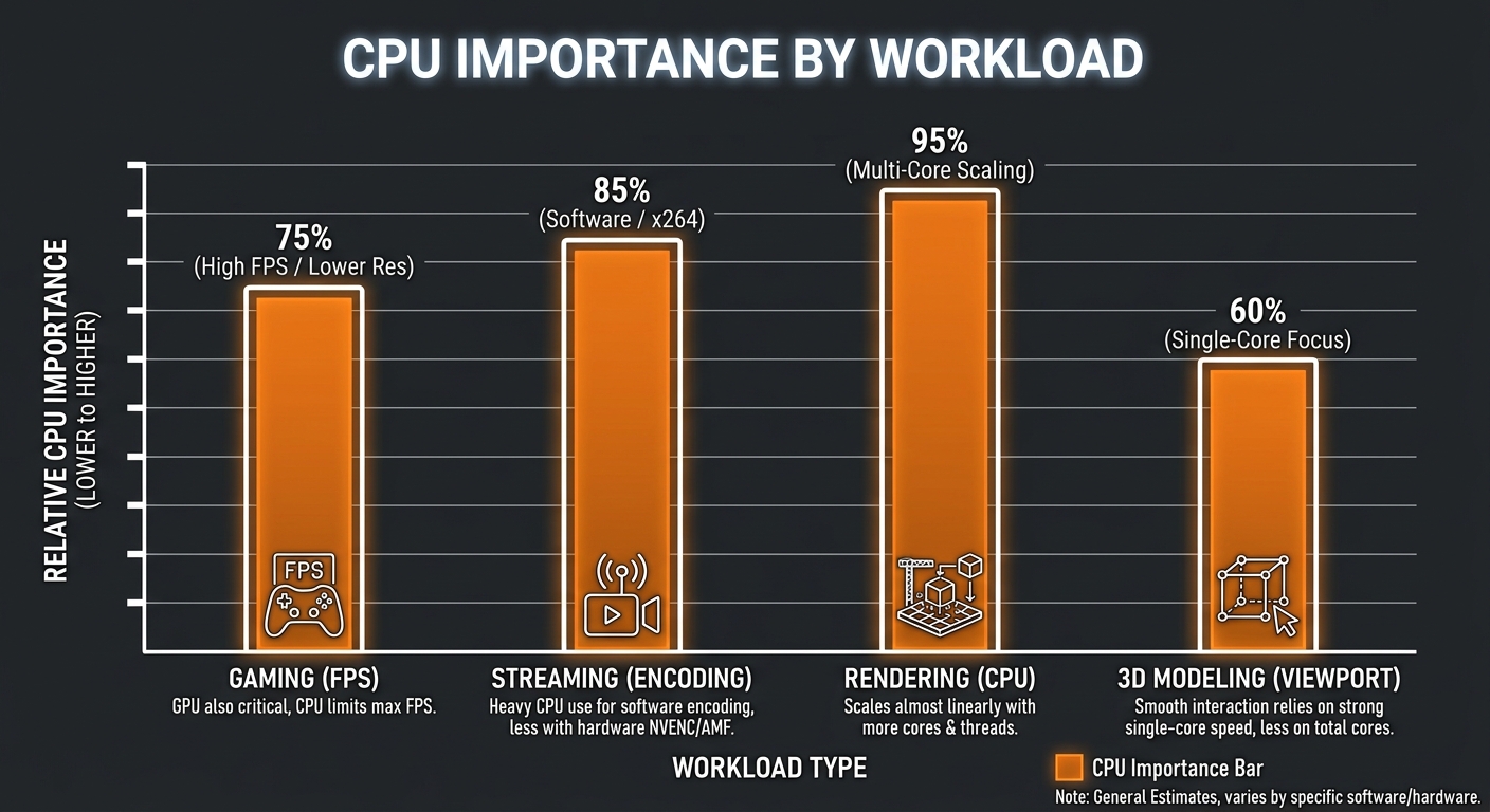 CPU performance impact chart across gaming, streaming, and productivity workloads