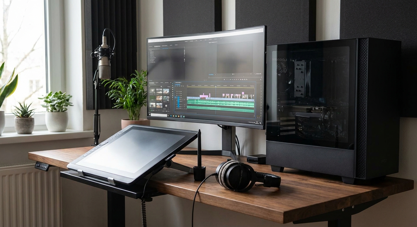 A creator workstation running an AI model on a large monitor