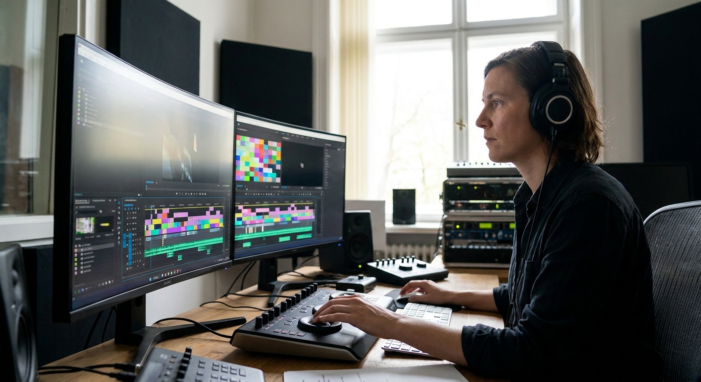 Video editor scrubbing high resolution footage on a workstation