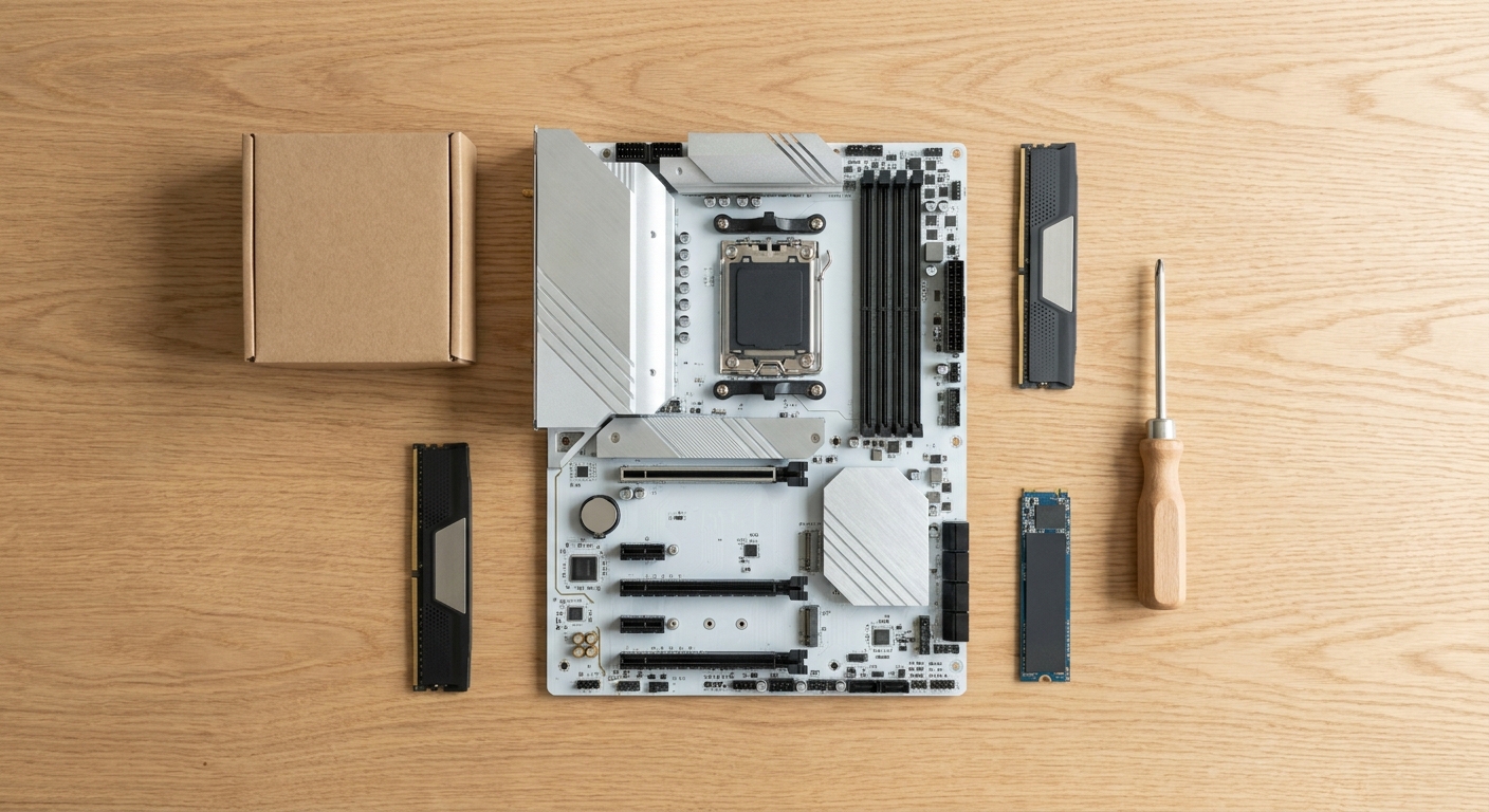 PC components laid out on a wooden surface: motherboard, processor, memory and an SSD