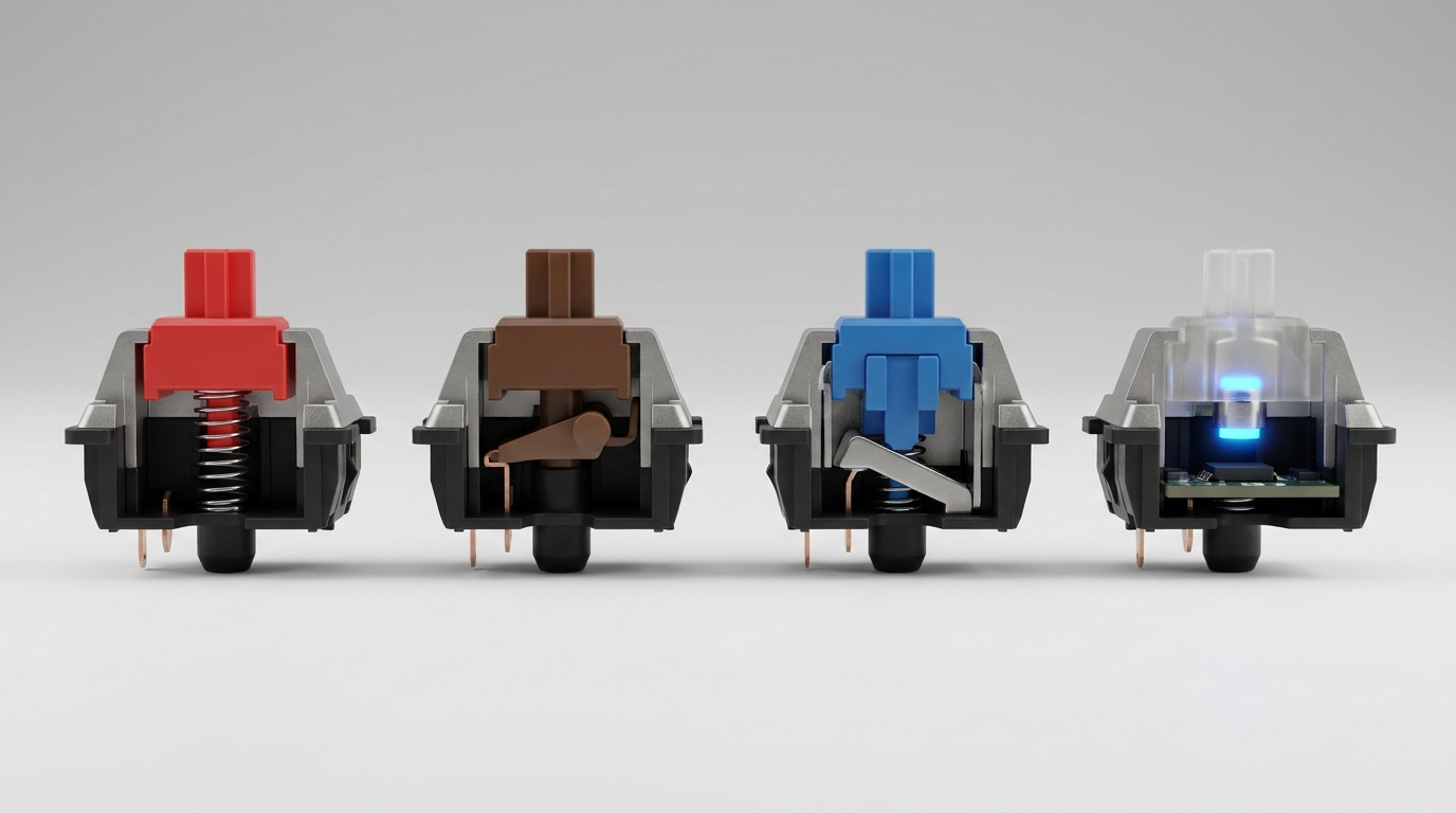 Close-up cutaway illustration of linear, tactile, and clicky mechanical switches side by side