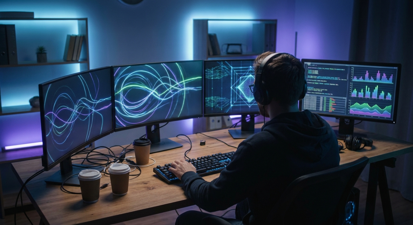 A developer running an AI model on a multi-monitor workstation