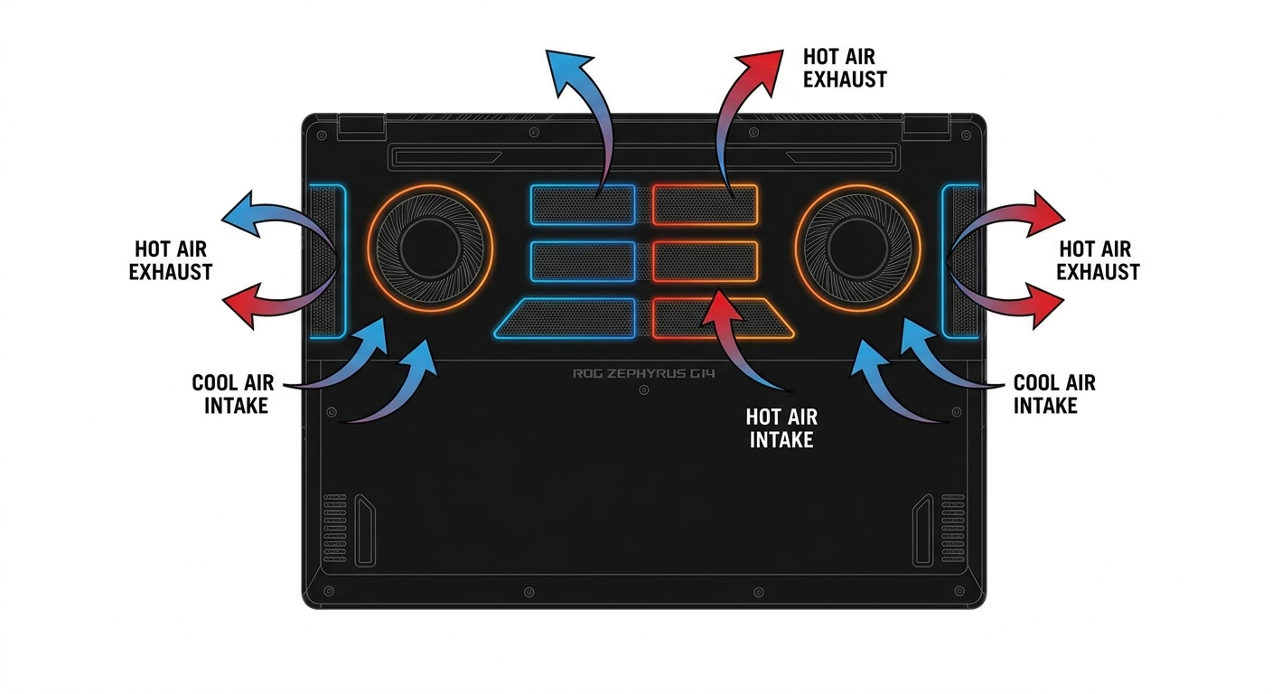 Gaming laptop thermal design showing ventilation and cooling layout