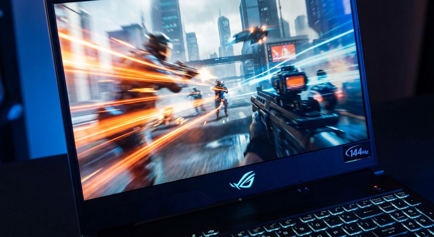 High-refresh-rate gaming laptop display showing smooth frame rates