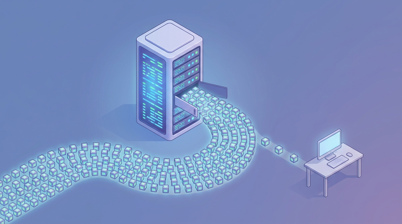 Conceptual illustration of data center servers drawing memory chips away from a consumer PC