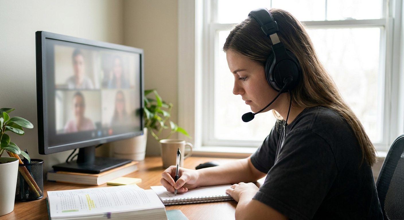 A student wearing an over-ear headset taking notes during a video call