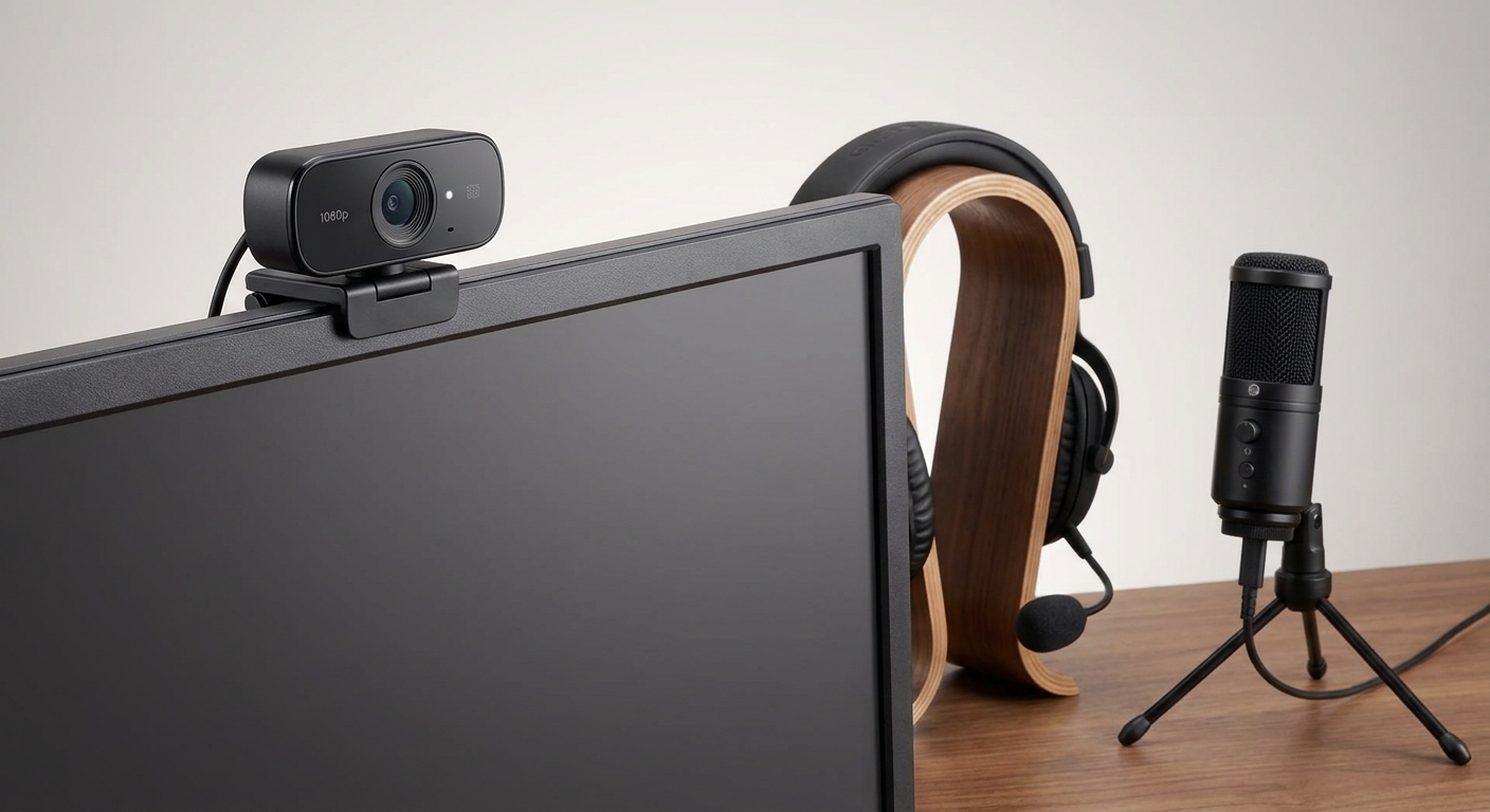 A webcam, gaming headset and microphone on a desk