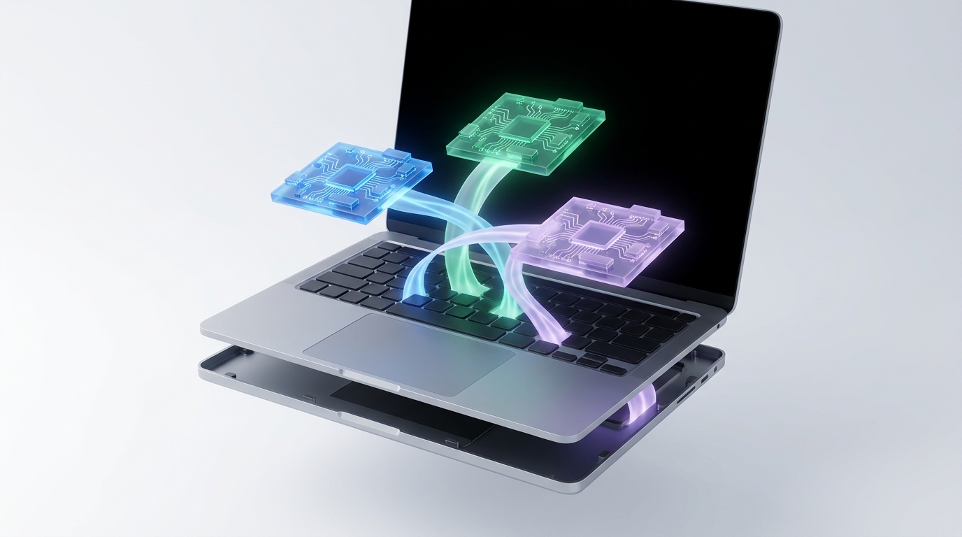 Conceptual illustration of CPU, GPU, and NPU working together inside a laptop