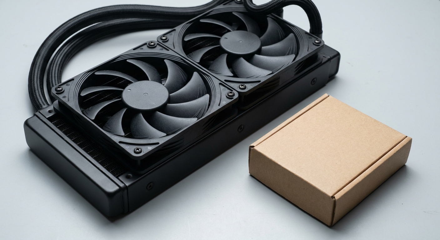 A 240mm all-in-one liquid cooler radiator beside a processor box on a workbench