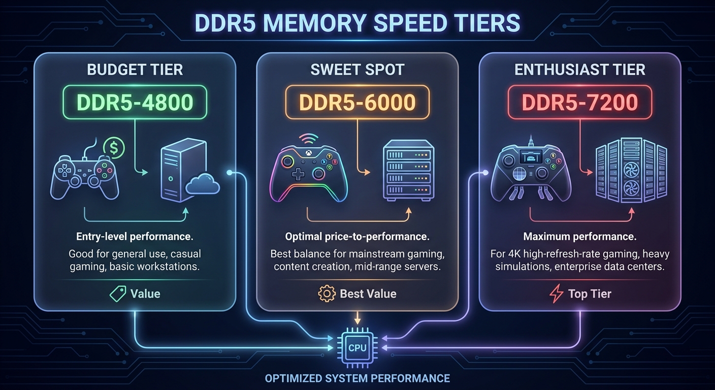 DDR5 memory speed tier comparison chart -- budget vs sweet spot vs enthusiast