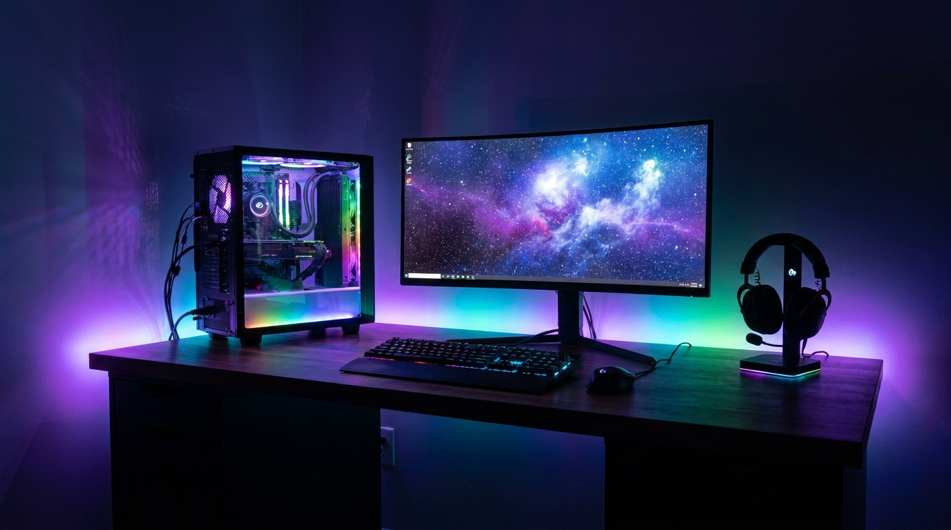 A gaming battlestation with a tower PC, ultrawide monitor and RGB lighting