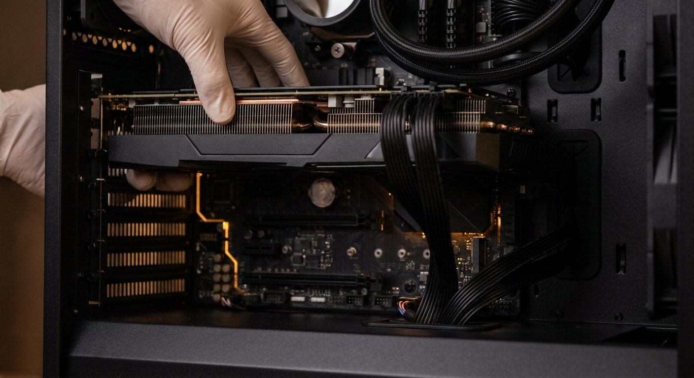 Hands installing a graphics card into a PC
