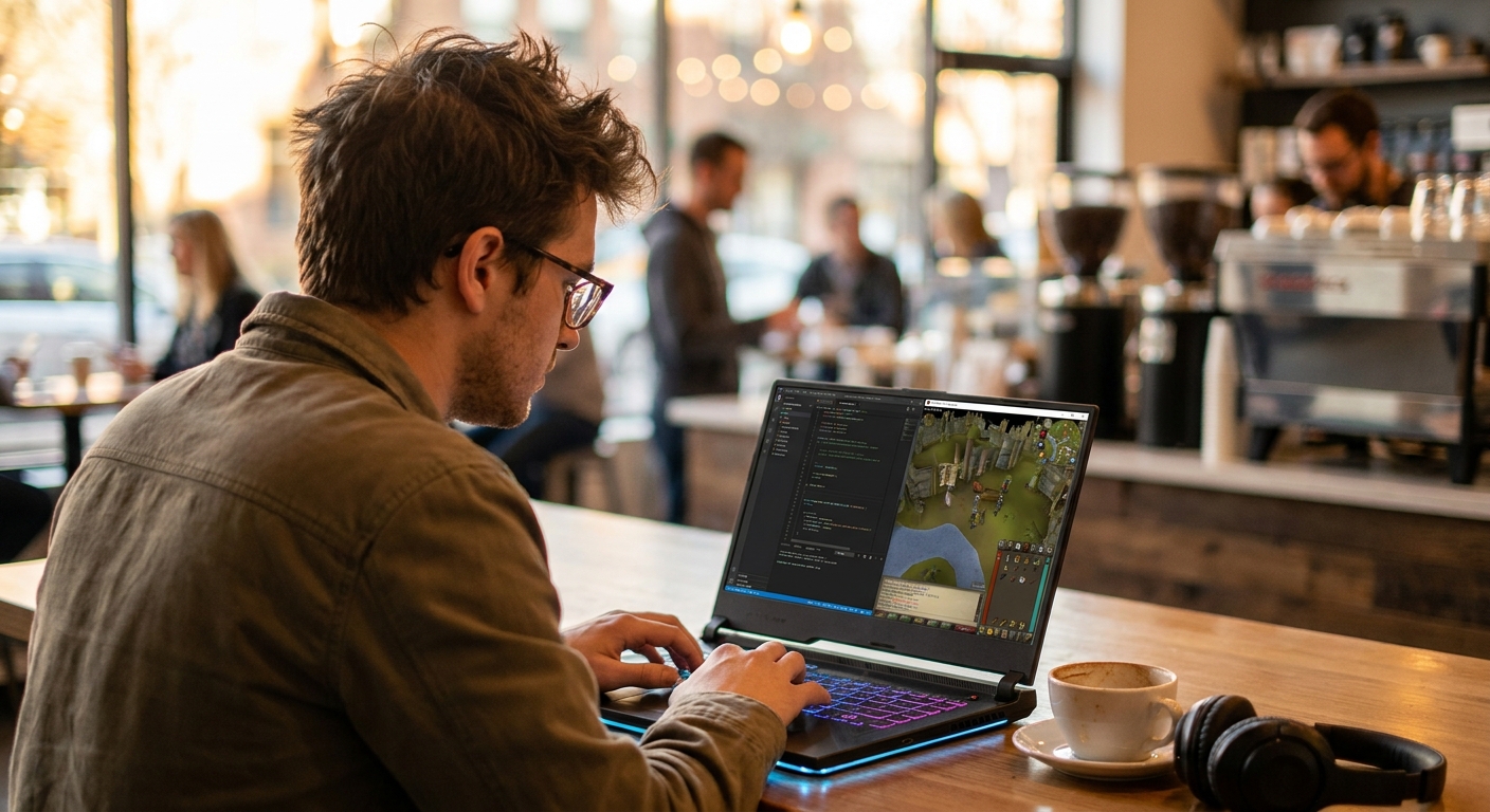 Student or young professional using a gaming laptop for both gaming and work
