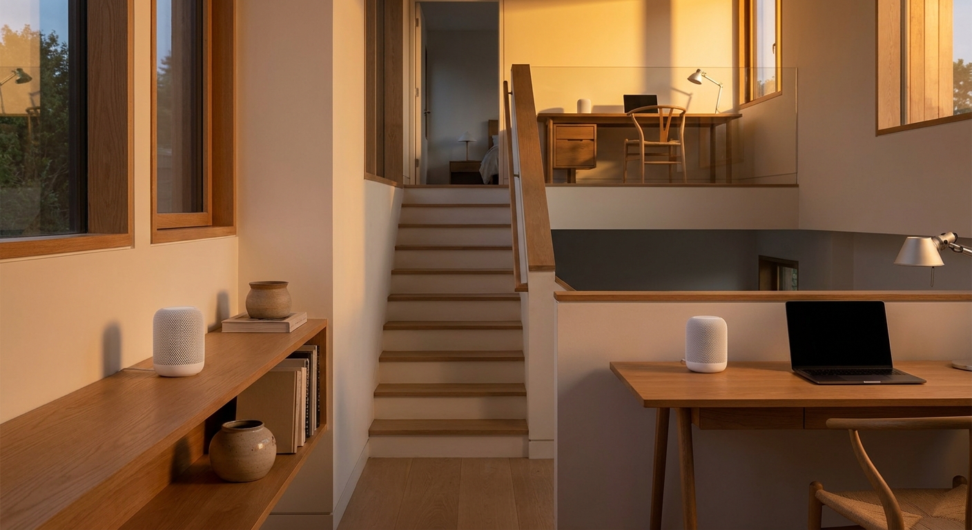 Two mesh Wi-Fi nodes placed on two floors of an apartment