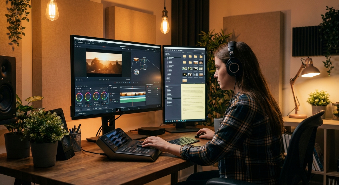 Video editor using a 4K monitor for color grading and post-production