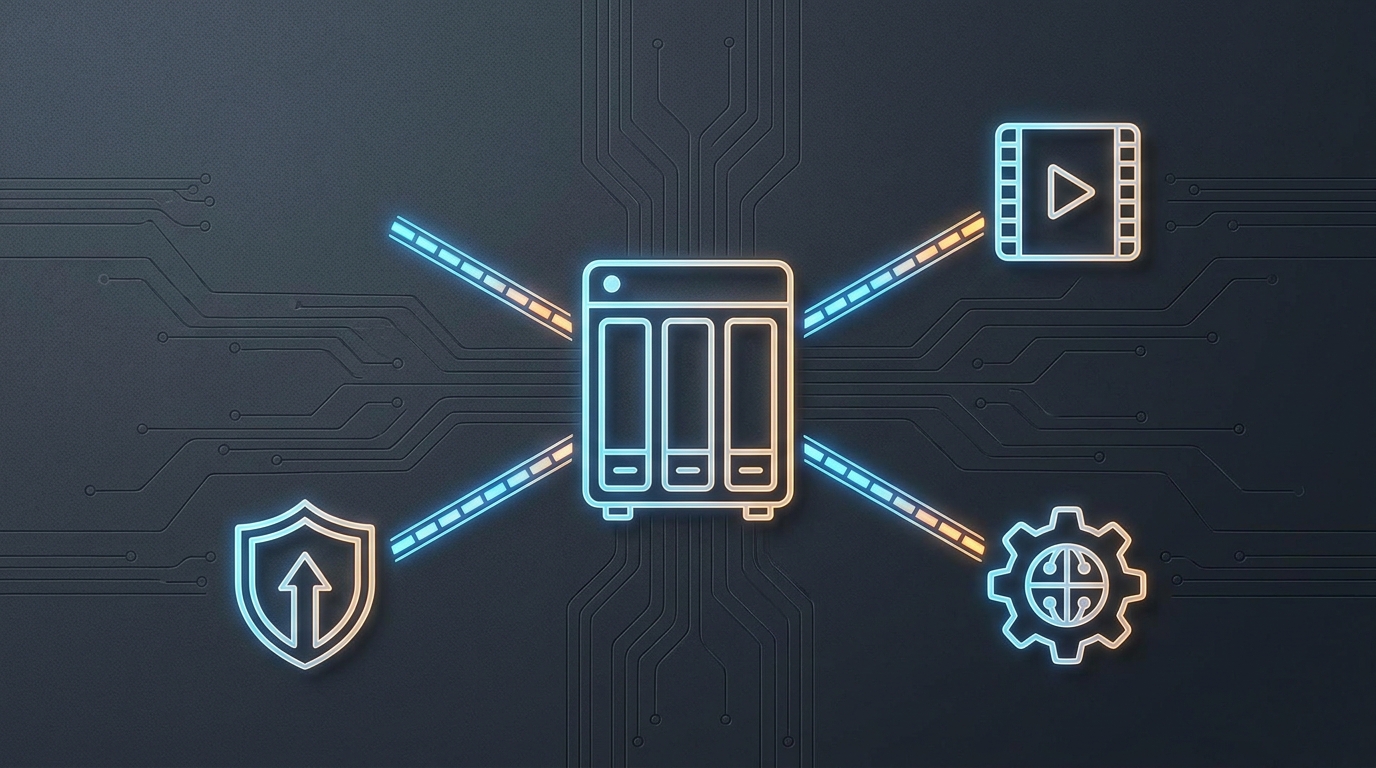 Infographic showing a home NAS connected to backup, media streaming, and home server use cases