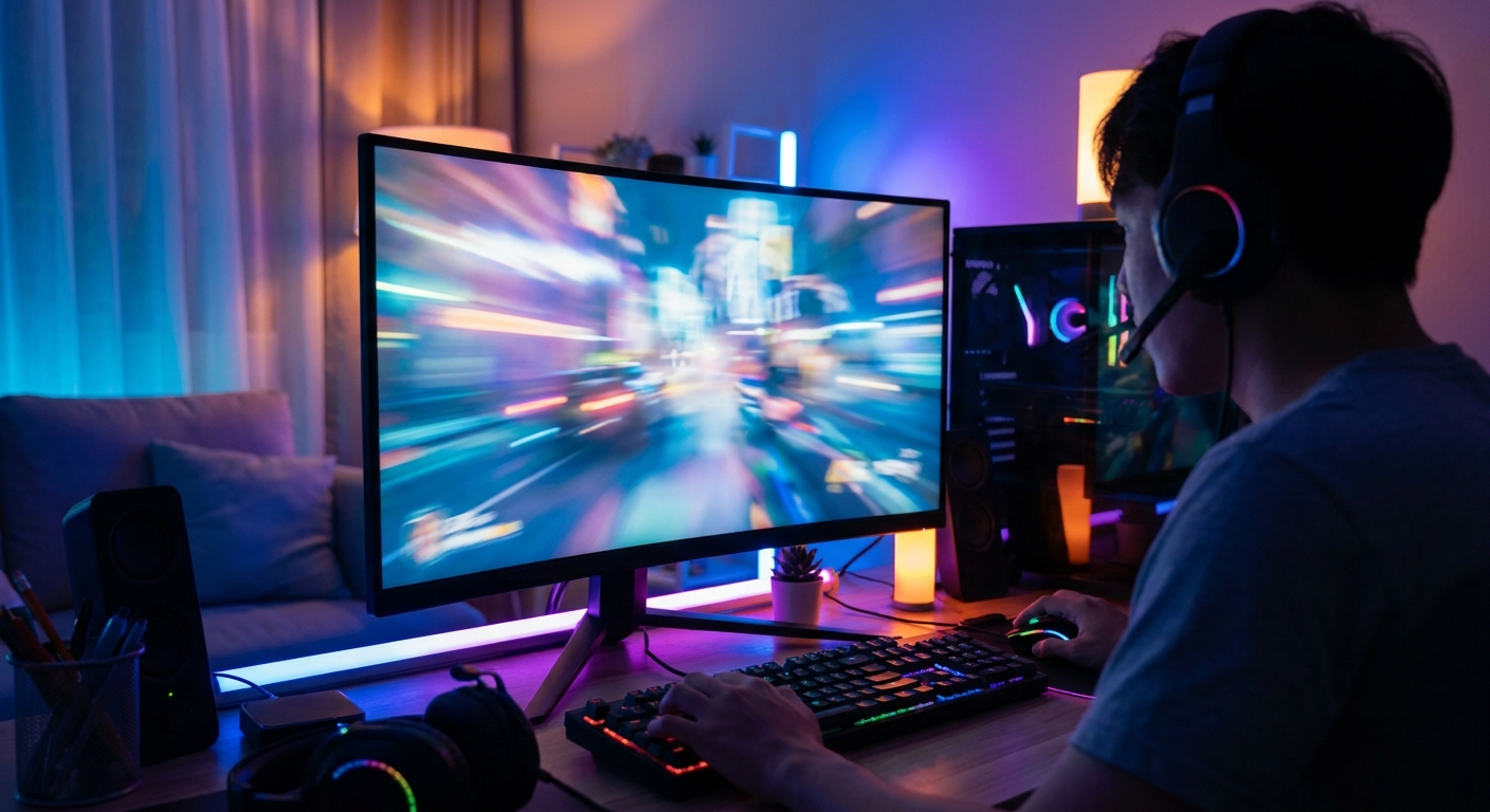 A gamer at a high-refresh setup with fast-paced action on screen