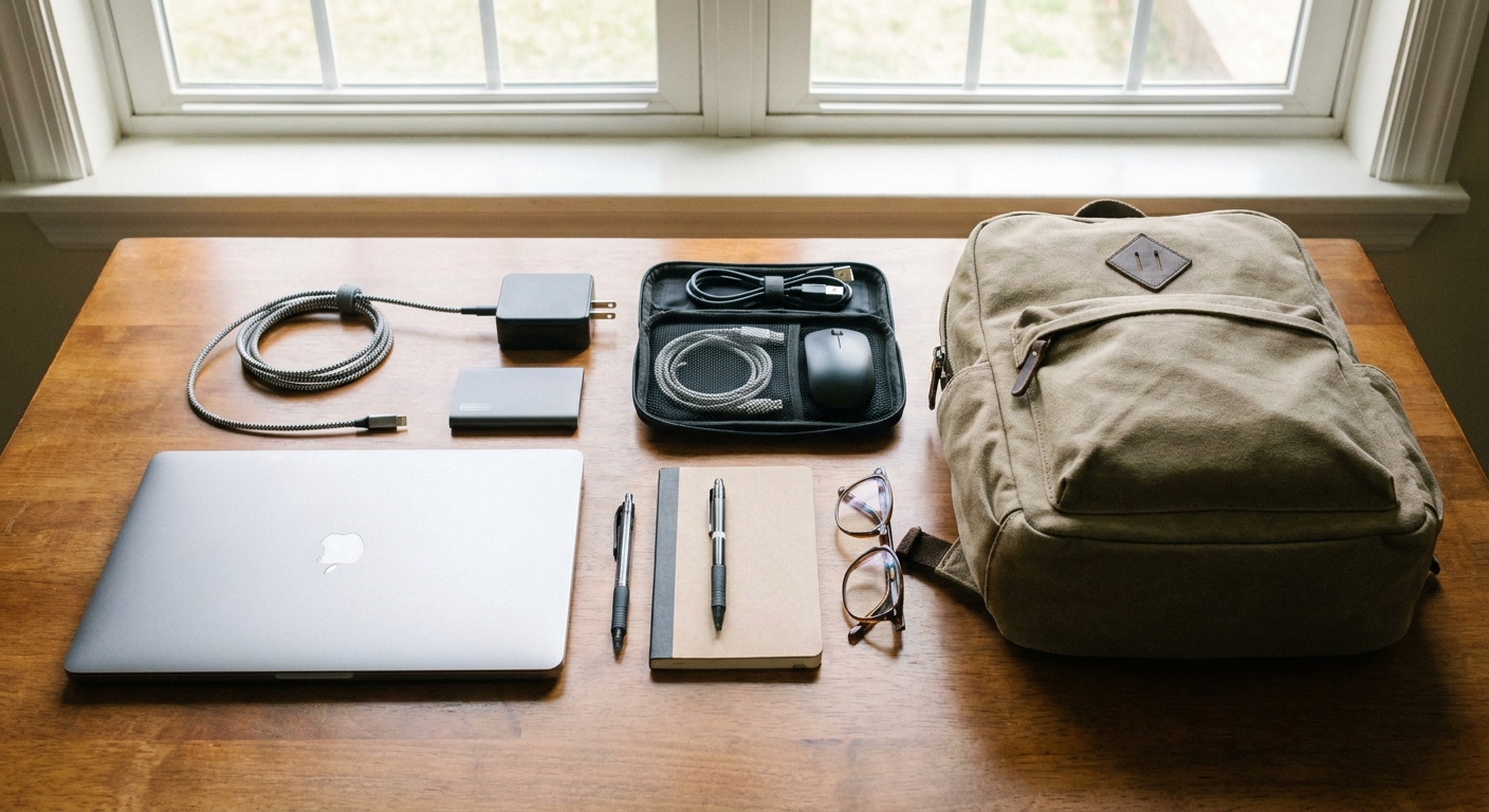 An open student backpack with laptop and accessories