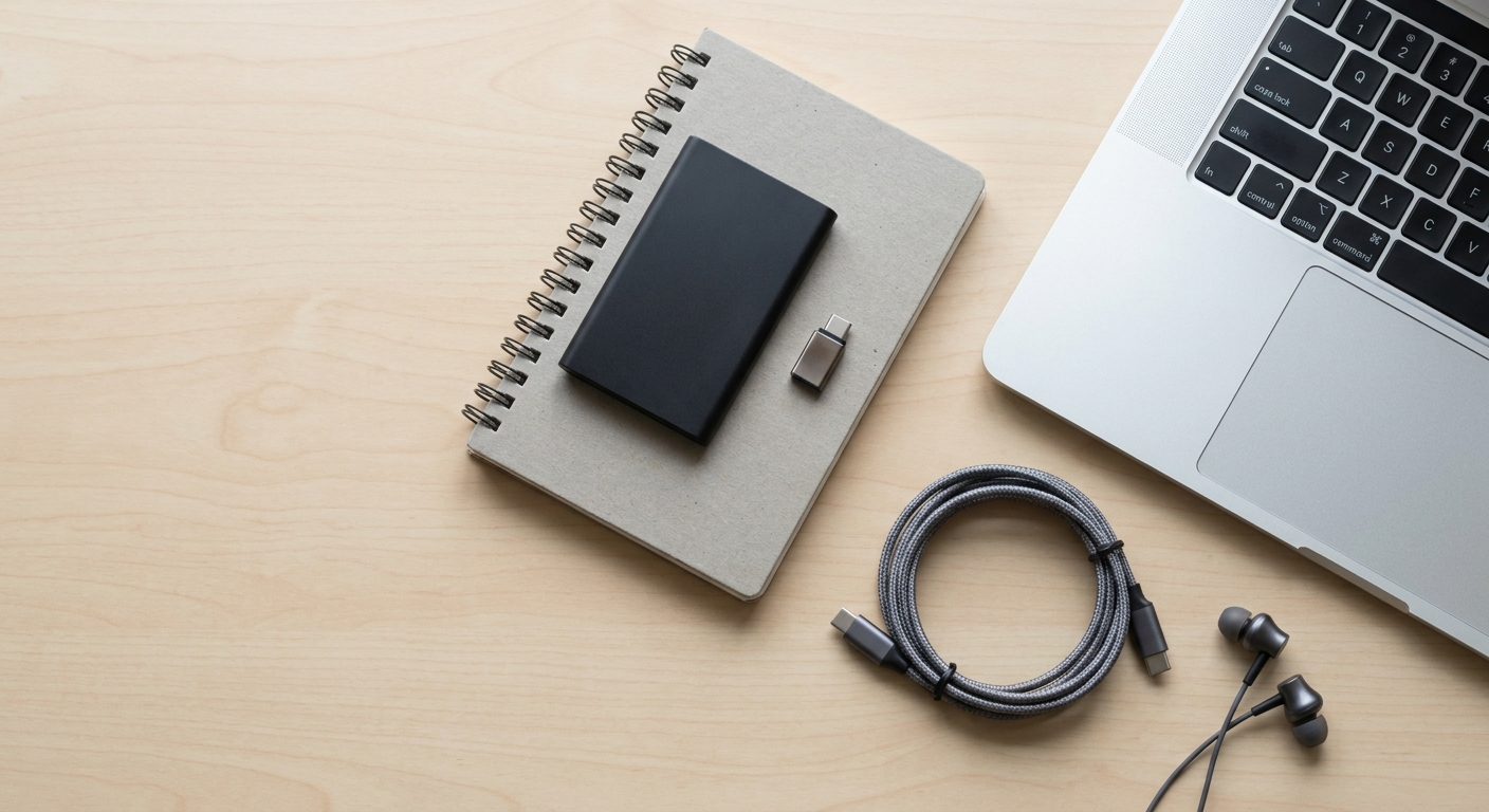 A portable SSD and USB-C flash drive on a notebook beside an open laptop