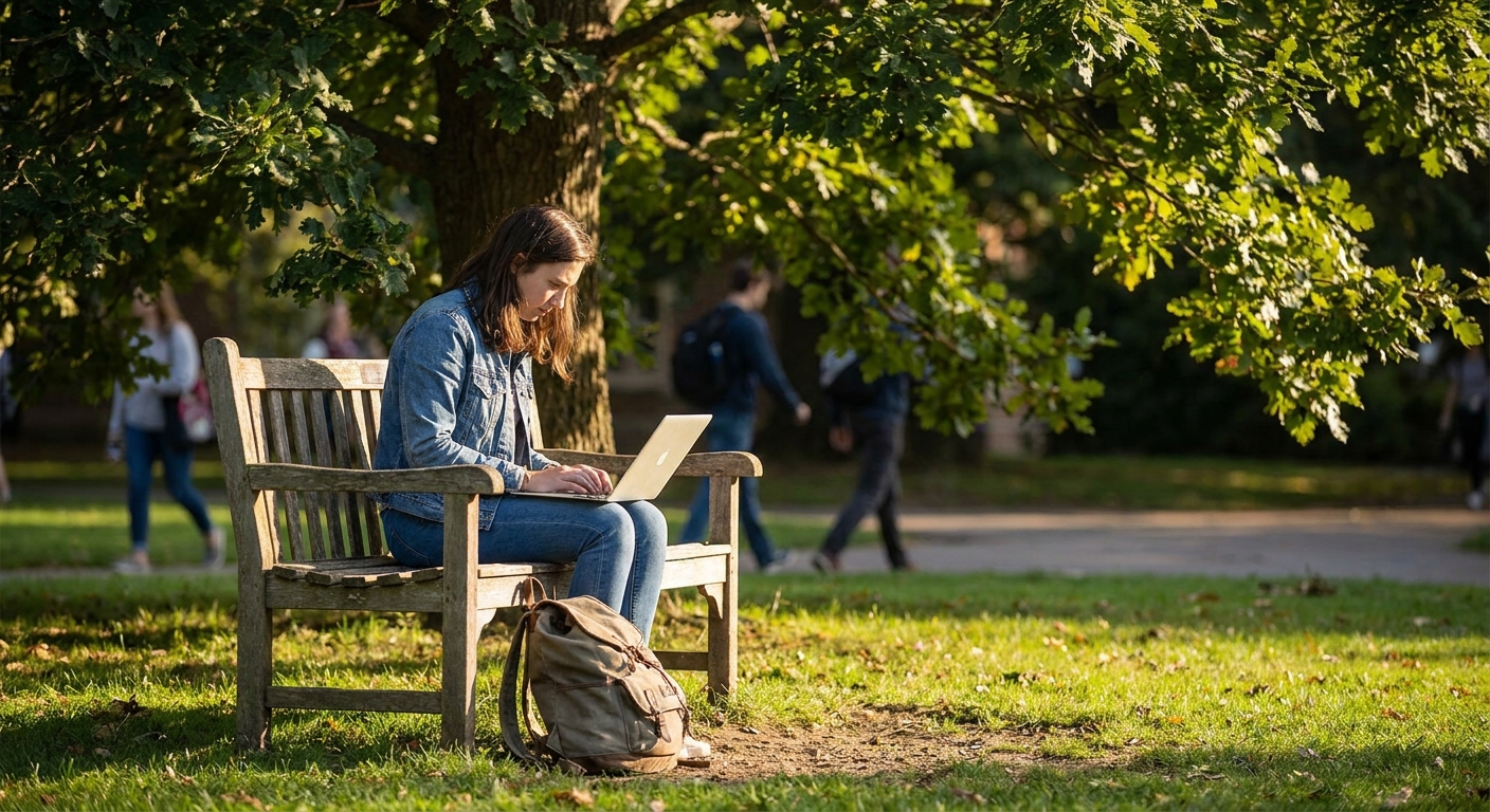 A student working on a thin laptop on a campus bench under a tree