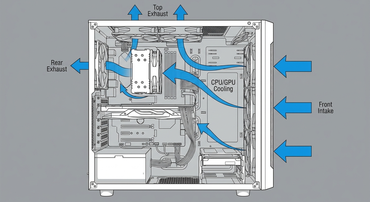 PC case airflow diagram showing front intake and rear exhaust airflow pattern